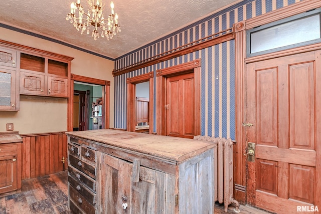 kitchen with dark wood-type flooring, a textured ceiling, pendant lighting, and crown molding