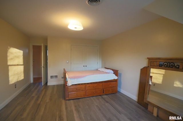 bedroom featuring dark wood-type flooring and a closet