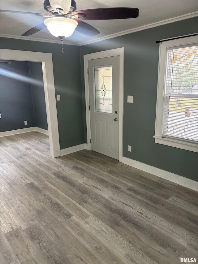 entryway featuring hardwood / wood-style floors, ceiling fan, and ornamental molding