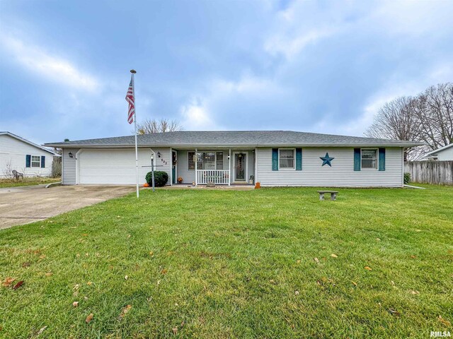 ranch-style home with a porch, a garage, and a front lawn