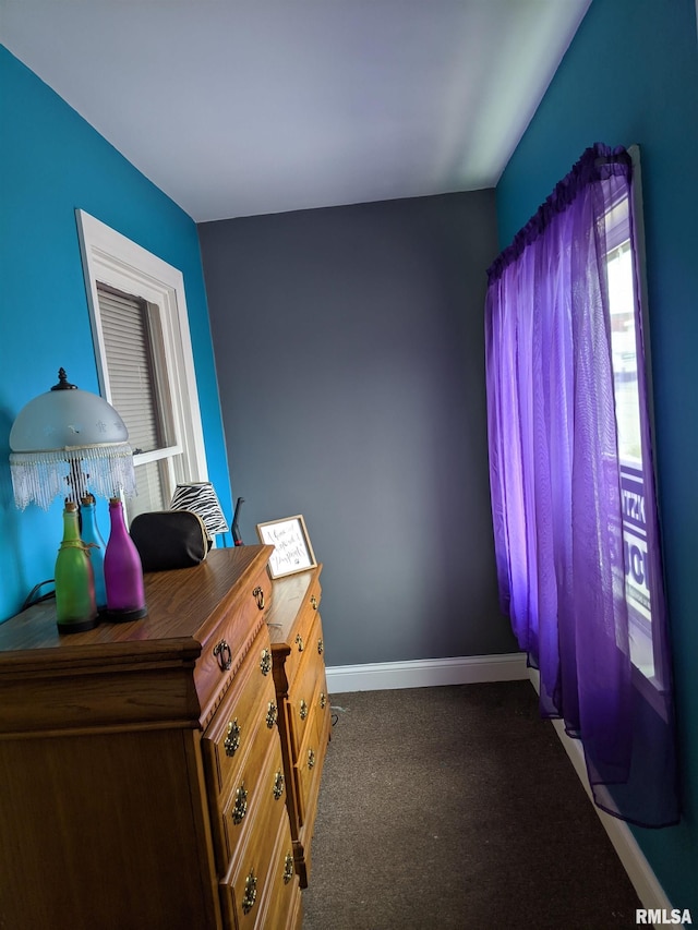 bedroom featuring dark carpet