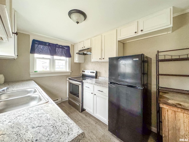 kitchen with light wood-type flooring, black fridge, stainless steel range with electric stovetop, baseboard heating, and sink