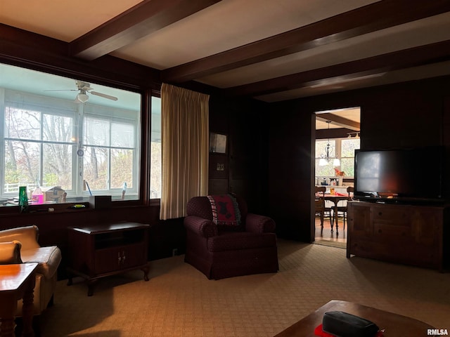 living room featuring beam ceiling, light carpet, and ceiling fan