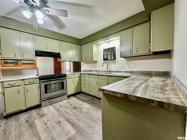 kitchen featuring sink, kitchen peninsula, light wood-type flooring, and stainless steel range with electric stovetop