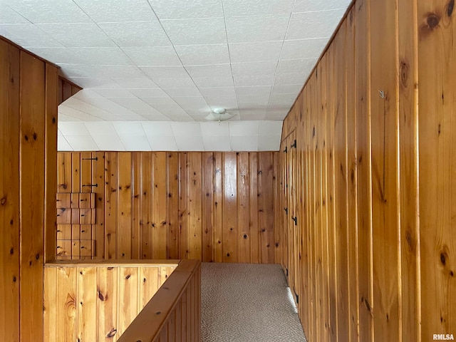 interior space with carpet flooring and wood walls