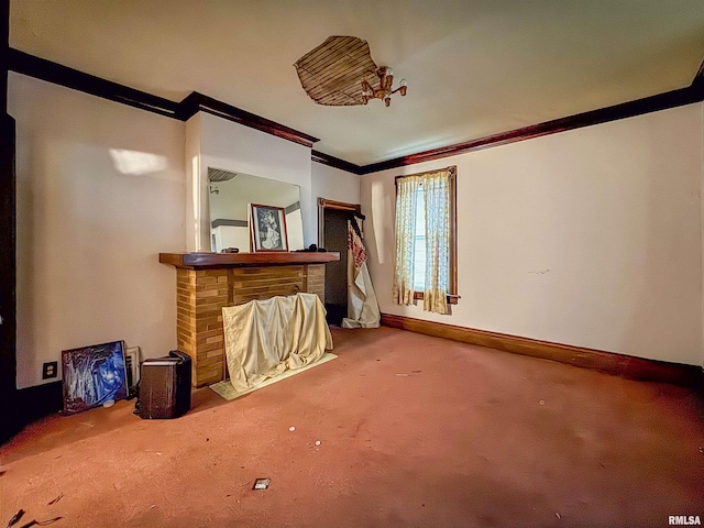 unfurnished living room featuring carpet, crown molding, and a brick fireplace