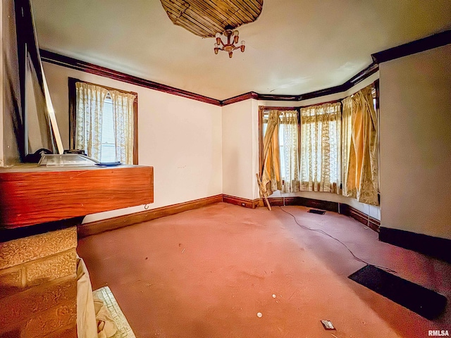 interior space with carpet, a wealth of natural light, and crown molding