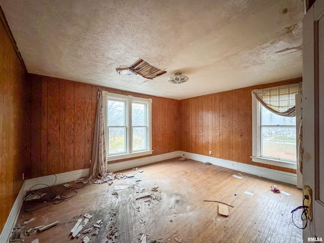 interior space featuring hardwood / wood-style floors and wood walls