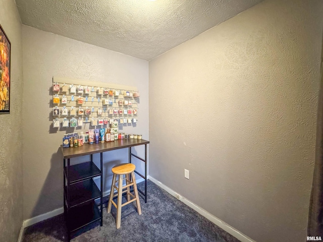 carpeted home office with a textured ceiling