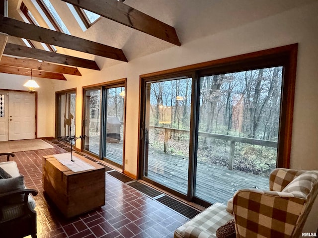 doorway with brick floor, plenty of natural light, and lofted ceiling with skylight