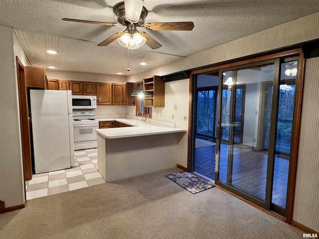 10110 E 850th St, Colchester, IL 62326 - kitchen featuring white appliances, a sink, a peninsula, a ceiling fan, and light countertops