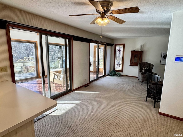 10110 E 850th St, Colchester, IL 62326 - interior space with light colored carpet, a textured ceiling, baseboards, and ceiling fan