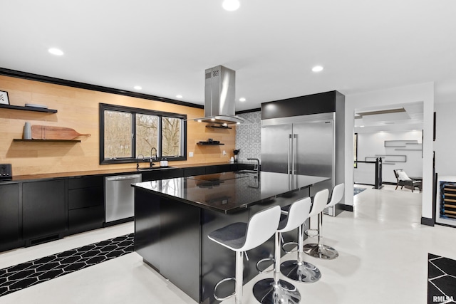 kitchen with stainless steel appliances, a center island, open shelves, modern cabinets, and island exhaust hood