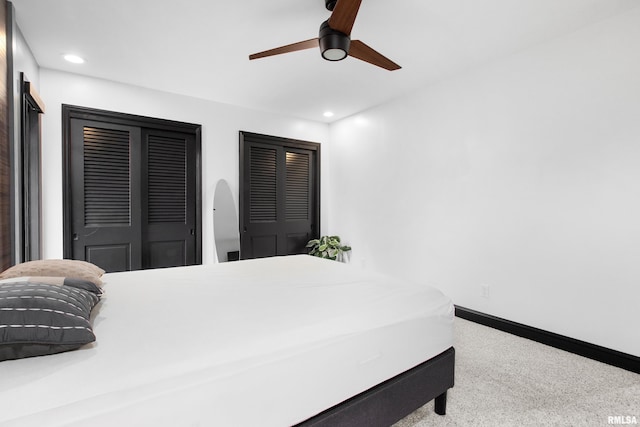 bedroom with ceiling fan, carpet floors, recessed lighting, and baseboards