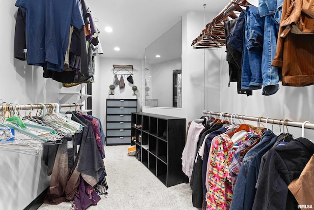 walk in closet featuring carpet flooring