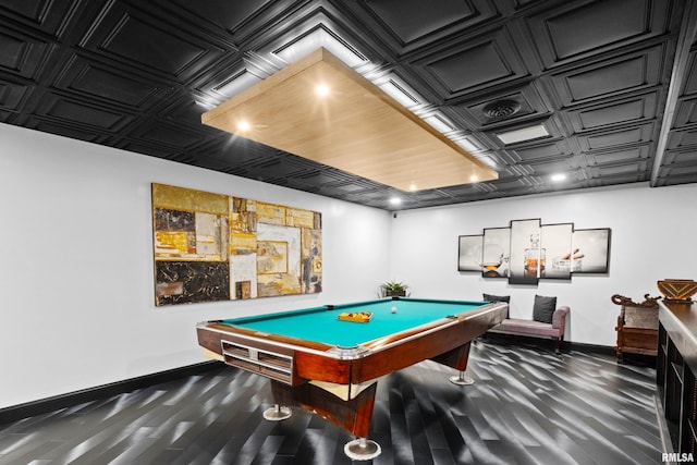 playroom with an ornate ceiling, baseboards, wood finished floors, and pool table