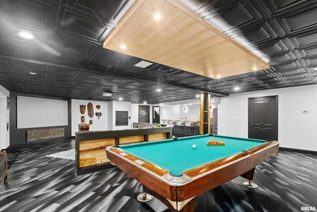 playroom featuring dark wood-style floors, pool table, an ornate ceiling, and recessed lighting