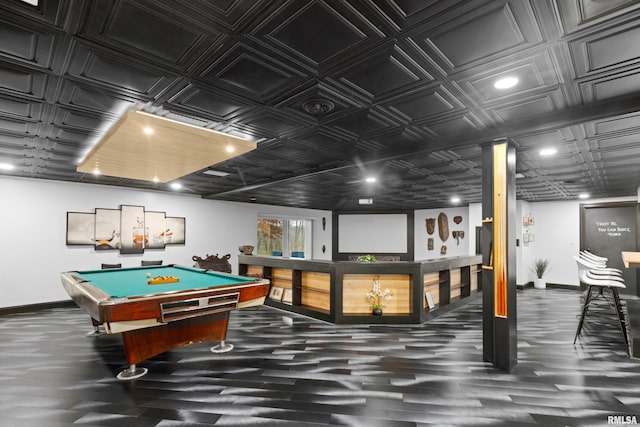 rec room featuring billiards, dark wood finished floors, and baseboards