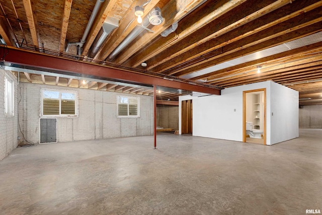 basement with brick wall