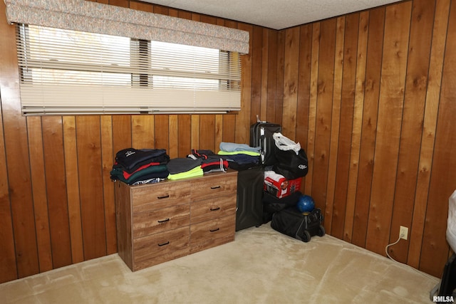 interior space with wooden walls and a textured ceiling