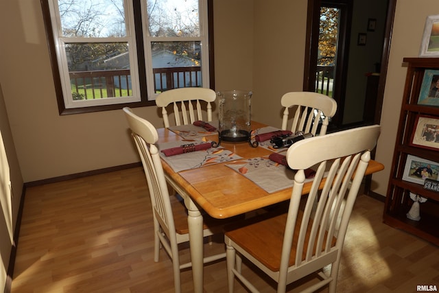 dining space with wood-type flooring