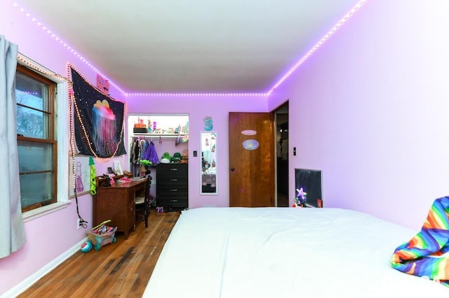 bedroom featuring a closet and dark hardwood / wood-style flooring