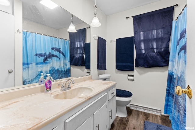 bathroom featuring hardwood / wood-style floors, vanity, and toilet