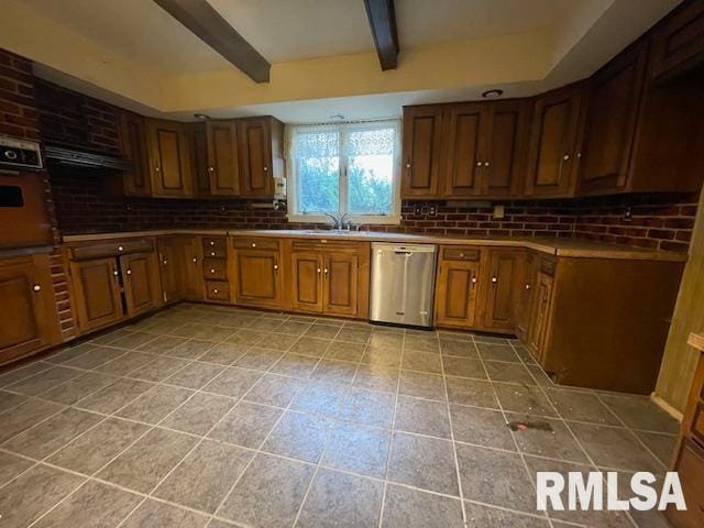 kitchen featuring dishwasher, oven, decorative backsplash, light tile patterned floors, and beamed ceiling