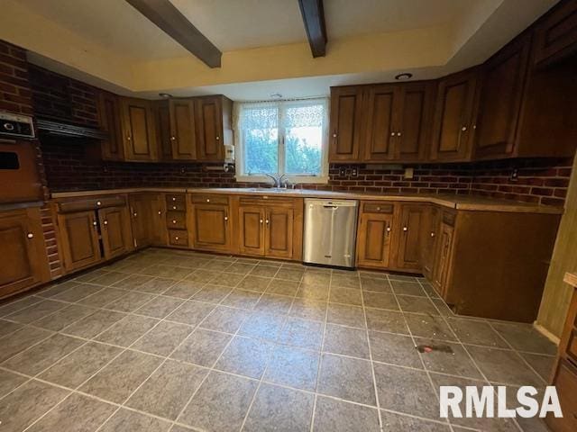 704 S Lafayette St, Macomb, IL 61455 - kitchen featuring stainless steel dishwasher, beamed ceiling, backsplash, oven, and brown cabinetry