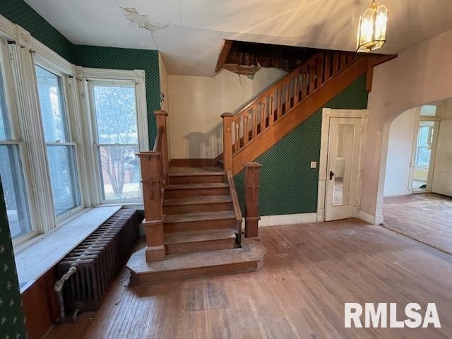 stairway featuring radiator heating unit and wood-type flooring