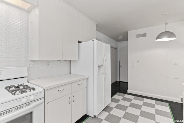 kitchen featuring white cabinets, white appliances, decorative light fixtures, and backsplash