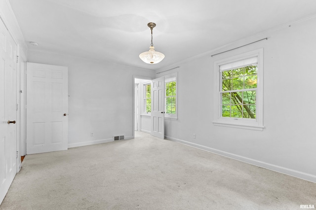 carpeted spare room with ornamental molding