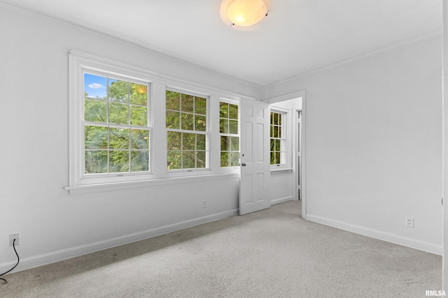 unfurnished room featuring light colored carpet and ornamental molding