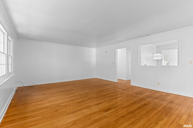 spare room featuring light wood-type flooring and crown molding