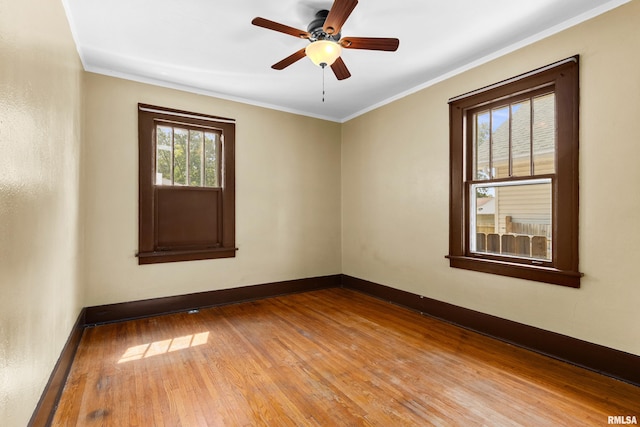 spare room with ceiling fan, crown molding, and light hardwood / wood-style flooring