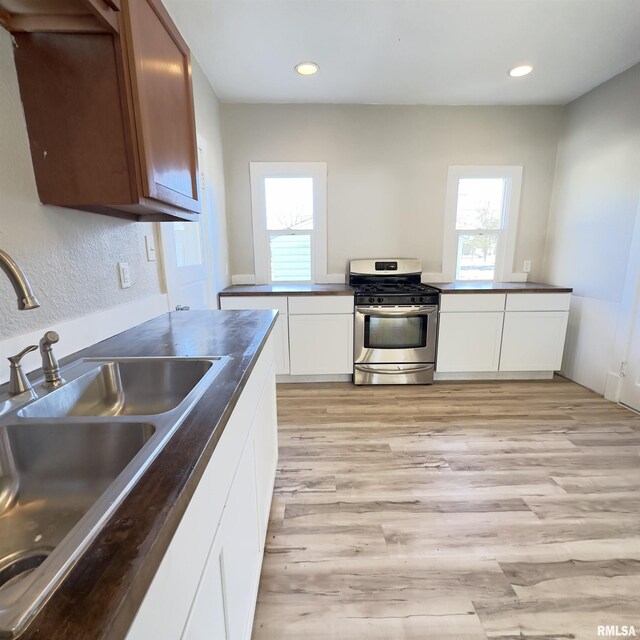 kitchen with stainless steel refrigerator, dark brown cabinetry, and light hardwood / wood-style floors