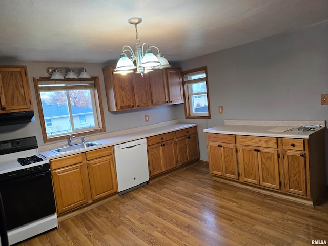 kitchen featuring sink, hanging light fixtures, an inviting chandelier, hardwood / wood-style floors, and white appliances