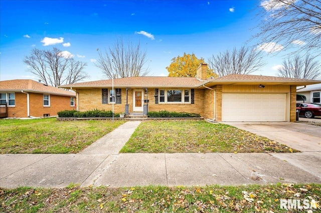 ranch-style house with a garage and a front lawn