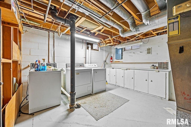 washroom with washing machine and dryer, electric panel, and cabinets