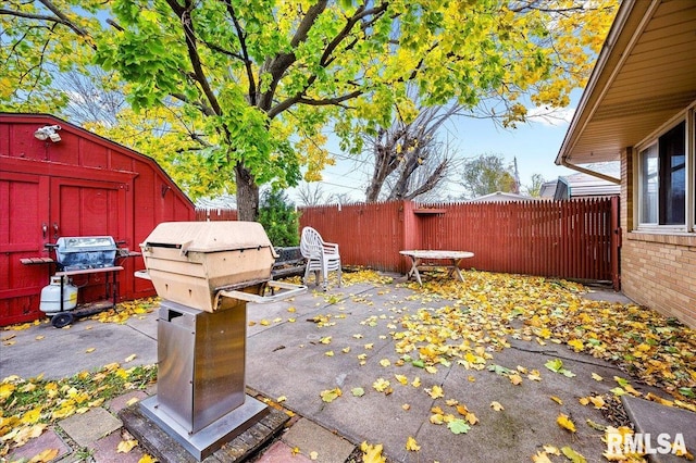 view of patio / terrace with a shed