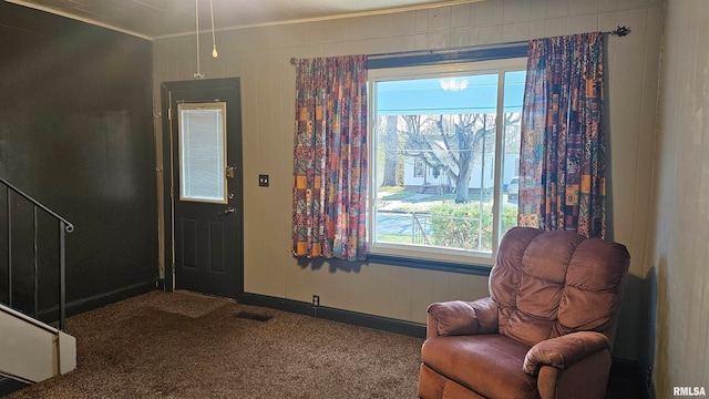 living area with carpet flooring and crown molding