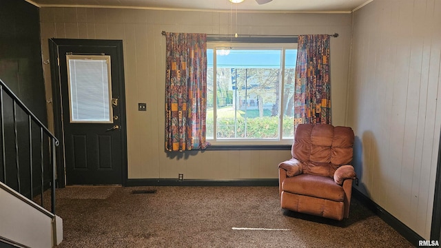 carpeted foyer with a wealth of natural light, crown molding, and ceiling fan