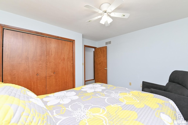 bedroom featuring ceiling fan and a closet