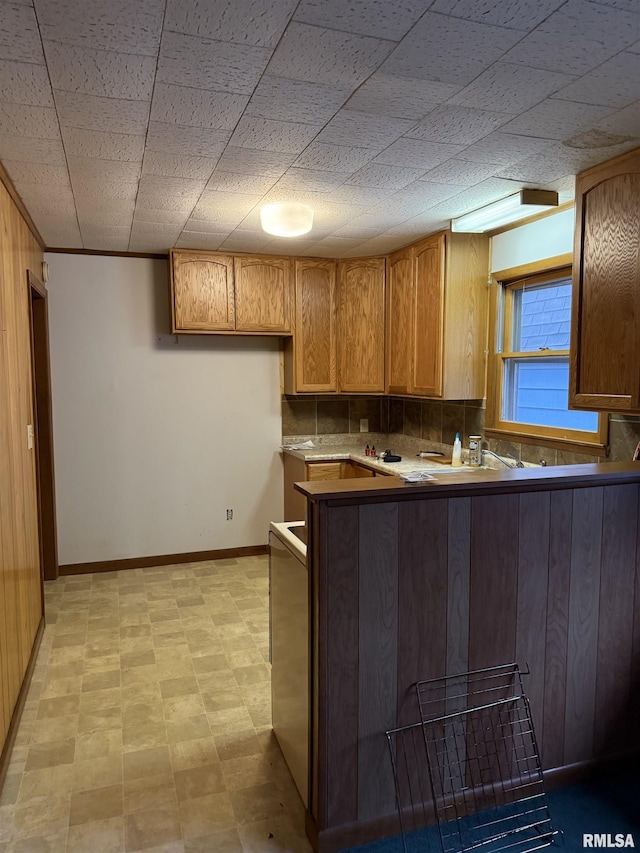 kitchen featuring kitchen peninsula and wooden walls