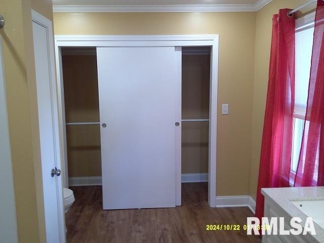 interior space with dark hardwood / wood-style flooring, a walk in closet, and a closet