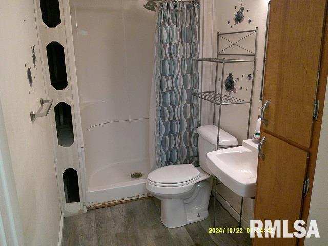 bathroom featuring hardwood / wood-style flooring, toilet, curtained shower, and sink