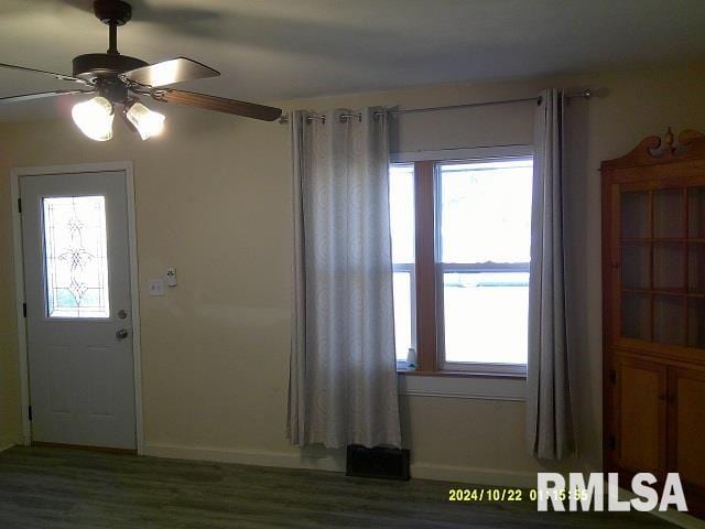 entrance foyer with hardwood / wood-style flooring and ceiling fan