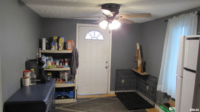 foyer entrance featuring ceiling fan