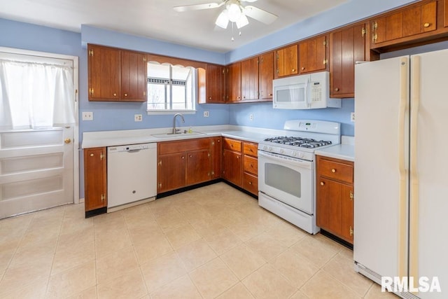 kitchen featuring ceiling fan, sink, and white appliances