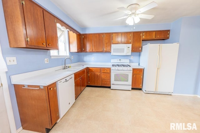 kitchen with ceiling fan, white appliances, and sink